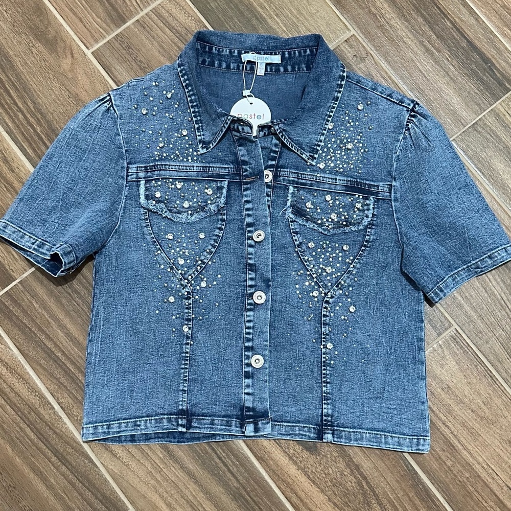 Embellished Denim Short Sleeve Shirt Jacket